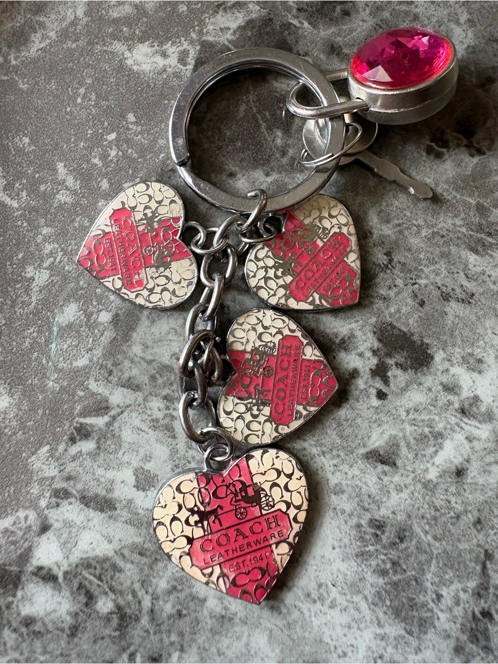 COACH Pink & Cream Heart Charm Keychain with Gem Accent
